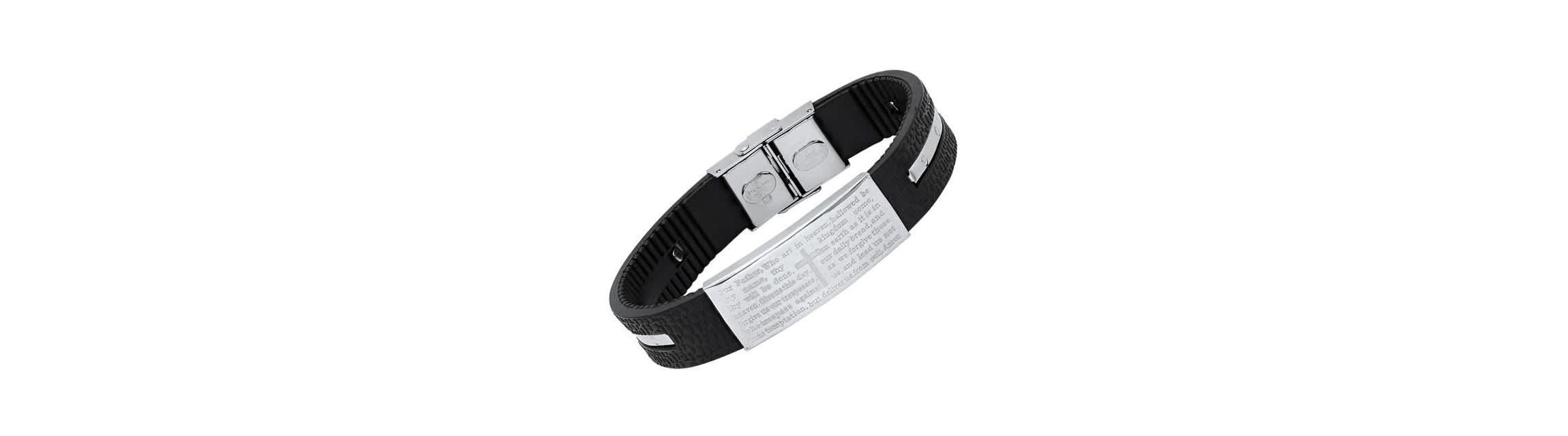 Mens black rubber and stainless steel our father prayer ridged bracelet