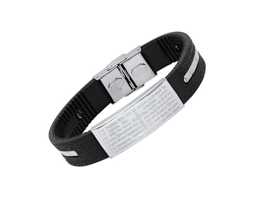 Mens black rubber and stainless steel our father prayer ridged bracelet