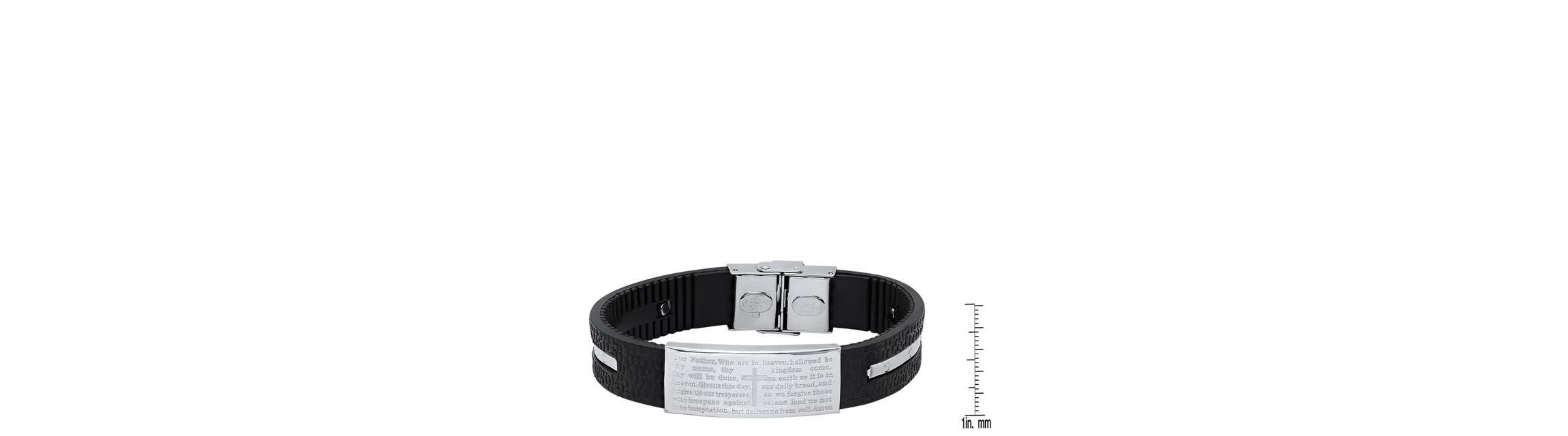 Mens black rubber and stainless steel our father prayer ridged bracelet