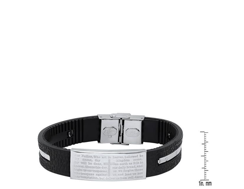 Mens black rubber and stainless steel our father prayer ridged bracelet