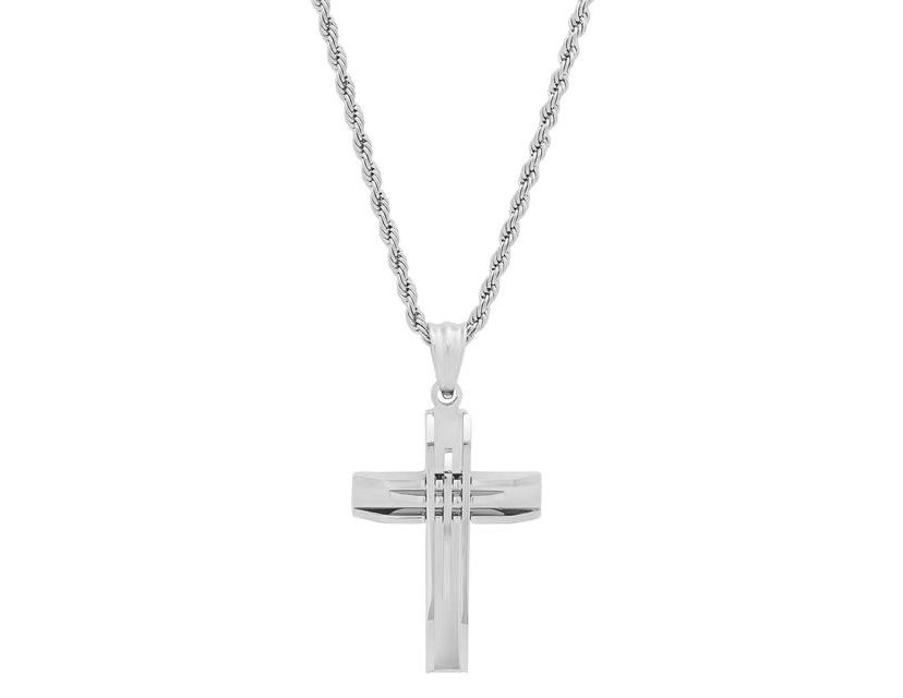 Stainless steel cut accented cross pendant