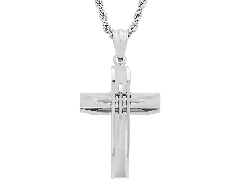 Stainless steel cut accented cross pendant