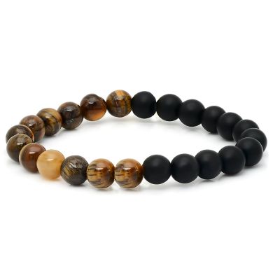 STEELTIME Men's genuine tiger eye and black lava beaded stretch bracelet