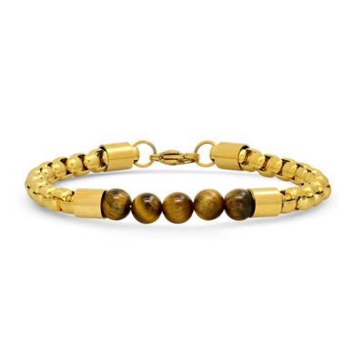 STEELTIME Men's 18k gold plated stainless steel box chain and tiger eye beaded bracelet