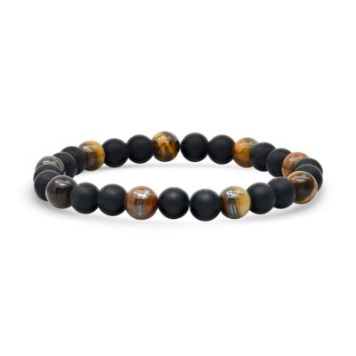 STEELTIME Men's tiger eye and black lava beaded stretch bracelet
