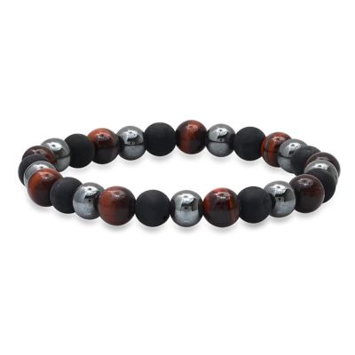 STEELTIME Men's black lava, hematite and red tiger eye beaded bracelet
