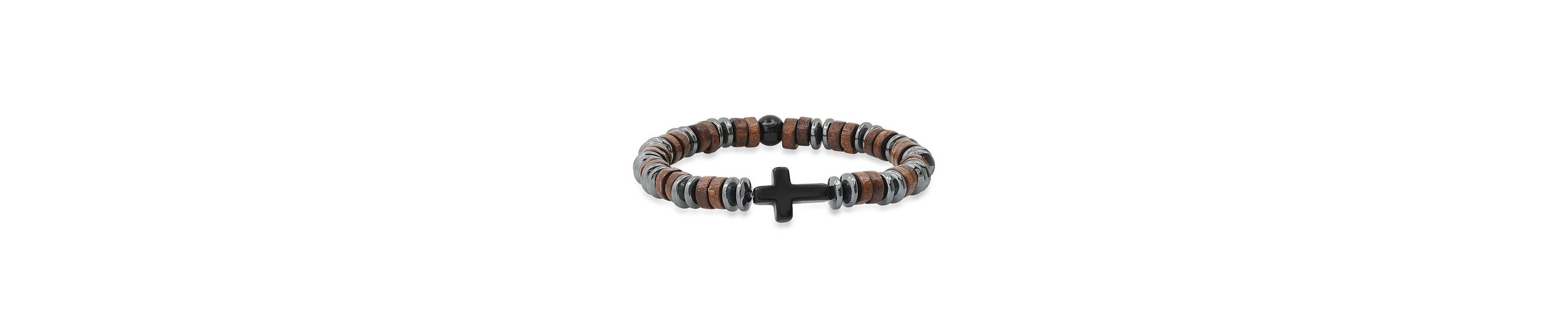 Mens hematite, wood and black agate beaded bracelet