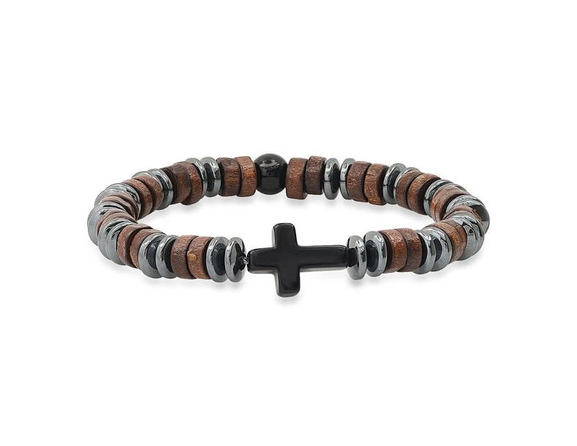 Mens hematite, wood and black agate beaded bracelet