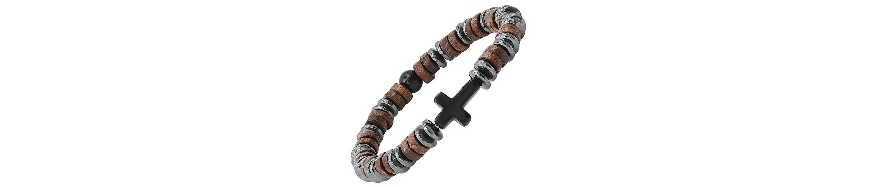 Mens hematite, wood and black agate beaded bracelet