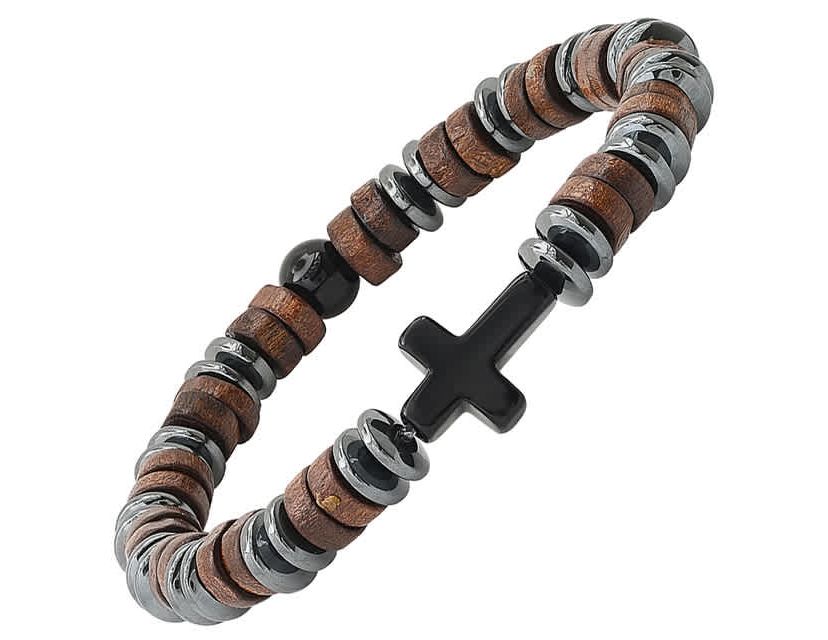 Mens hematite, wood and black agate beaded bracelet