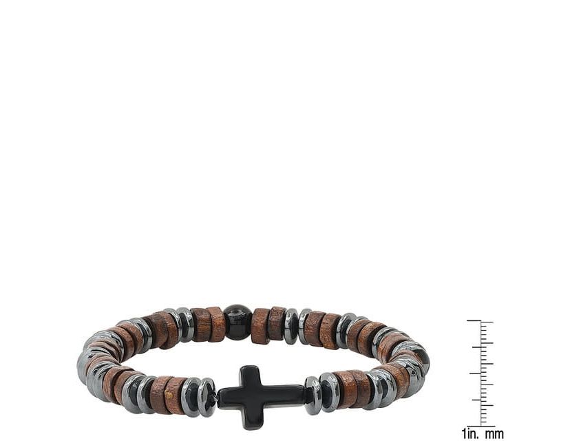 Mens hematite, wood and black agate beaded bracelet