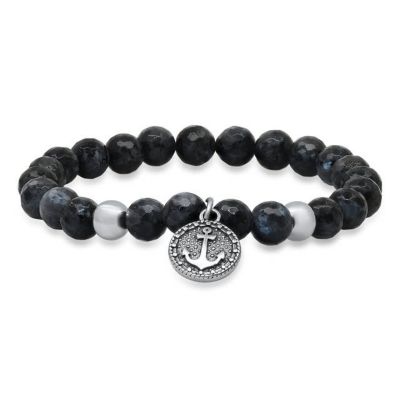 STEELTIME Men's gray agate beads and stainless steel anchor charm stretch bracelet