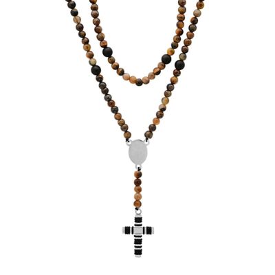 STEELTIME Men's black rubber, tiger eye beads & stainless steel rosary