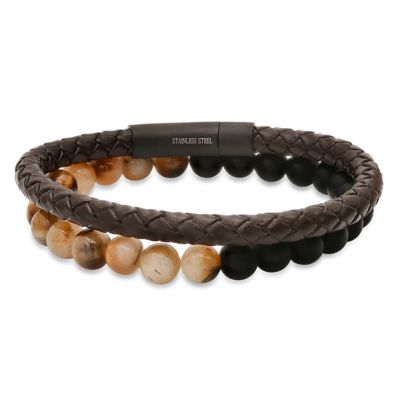 STEELTIME Men's brown braided leather, black ip stainless steel and tiger eye/lava beads 2pc bracelets set