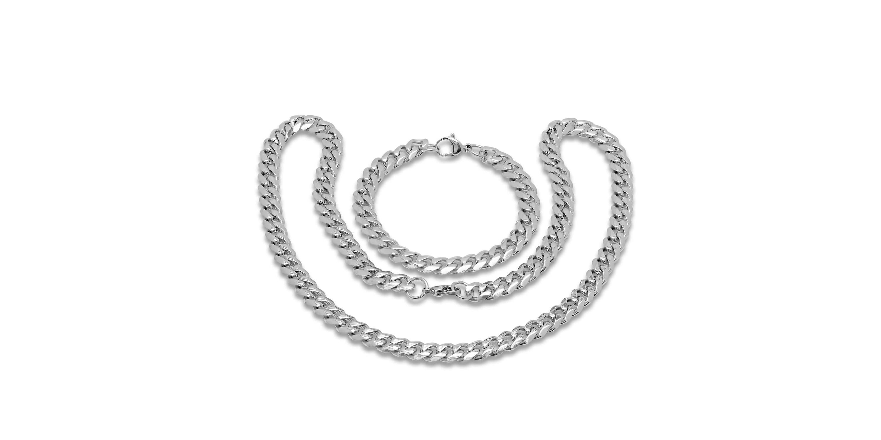 Mens stainless steel chain link bracelet and necklace set
