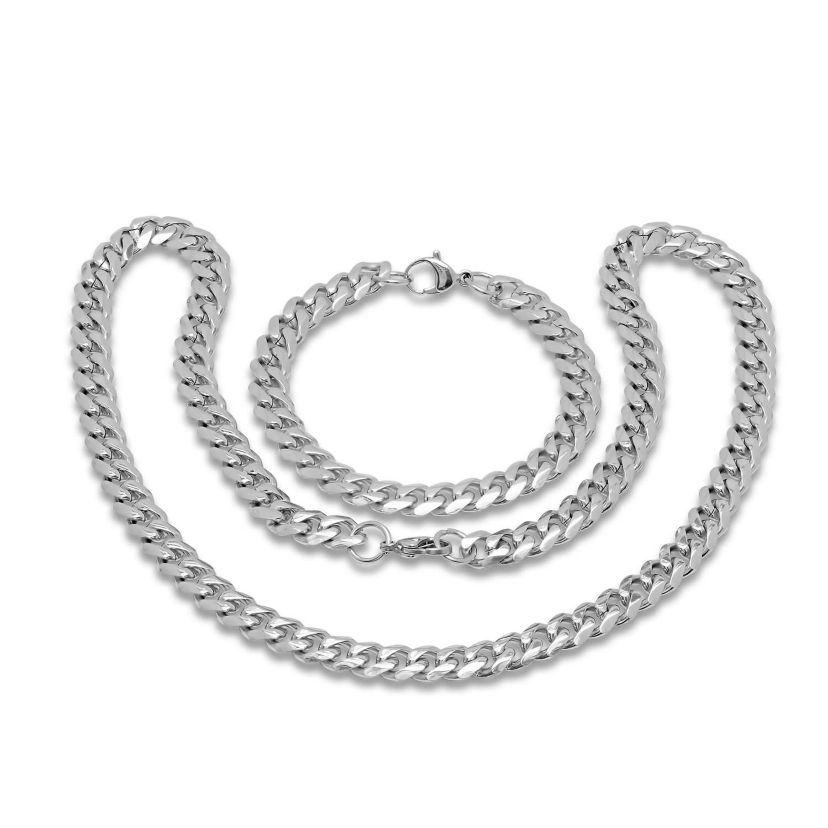 Mens stainless steel chain link bracelet and necklace set