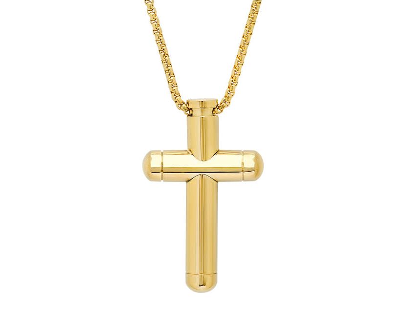 Mens 18k gold plated stainless steel tube cross pendant