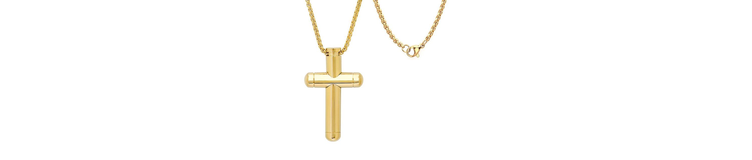 Mens 18k gold plated stainless steel tube cross pendant