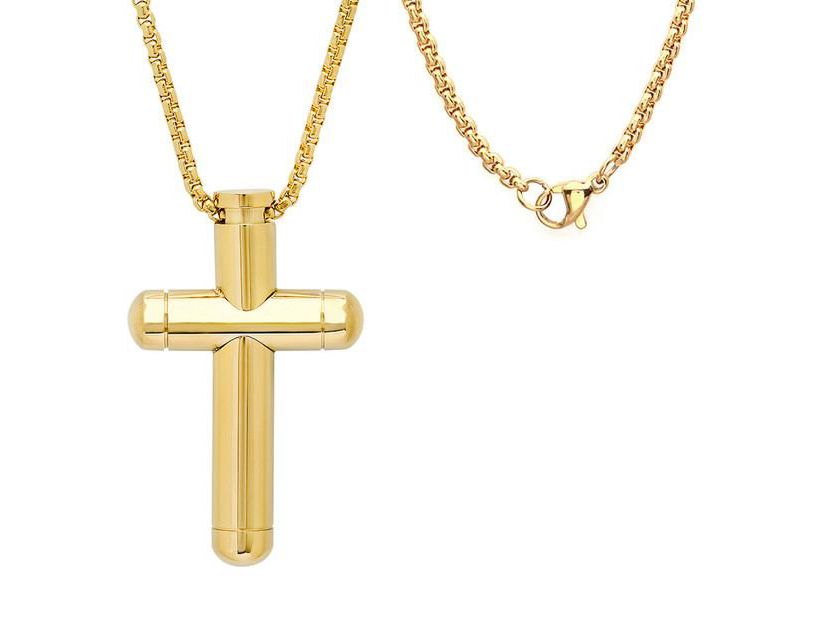 Mens 18k gold plated stainless steel tube cross pendant