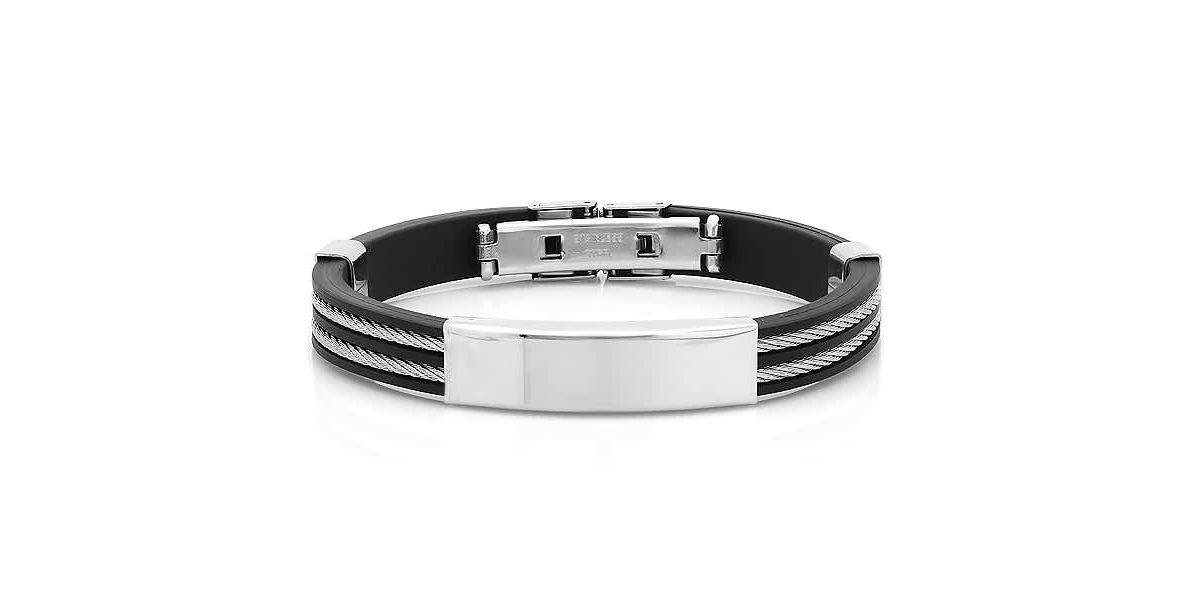 Mens black rubber id bracelet with stainless steel wire inlay