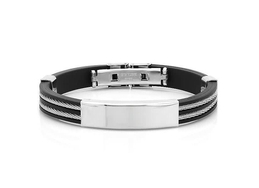 Mens black rubber id bracelet with stainless steel wire inlay