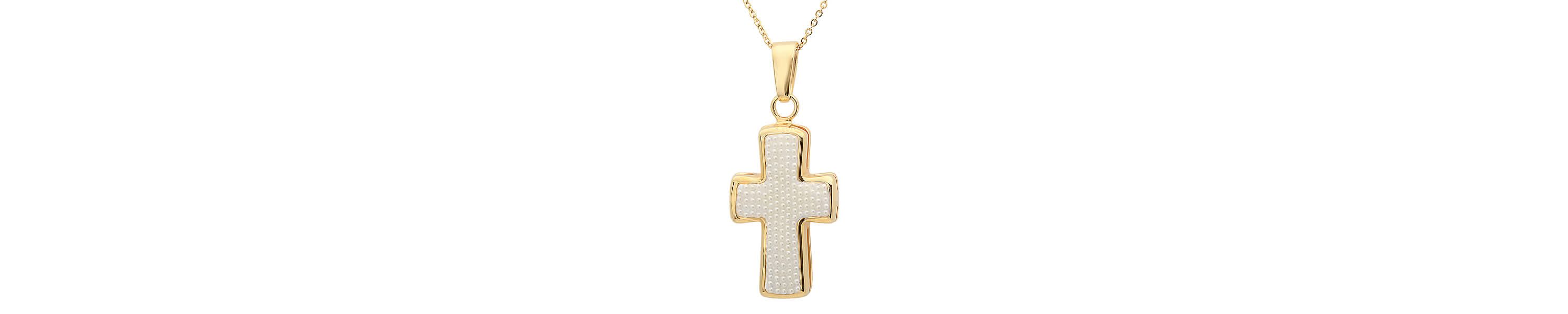 Mens 18k gold plated stainless steel and simulated pearls cross pendant