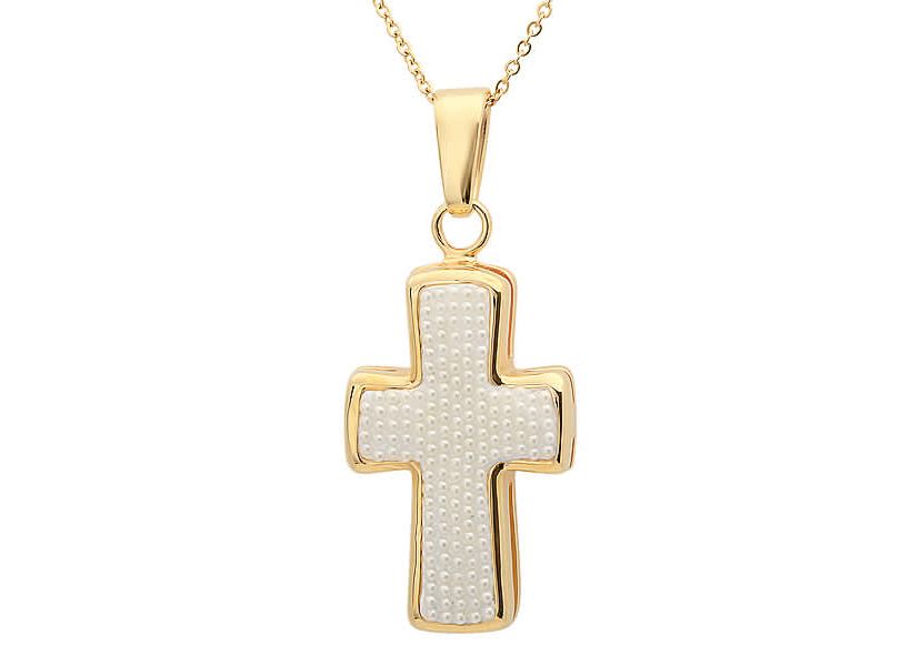 Mens 18k gold plated stainless steel and simulated pearls cross pendant