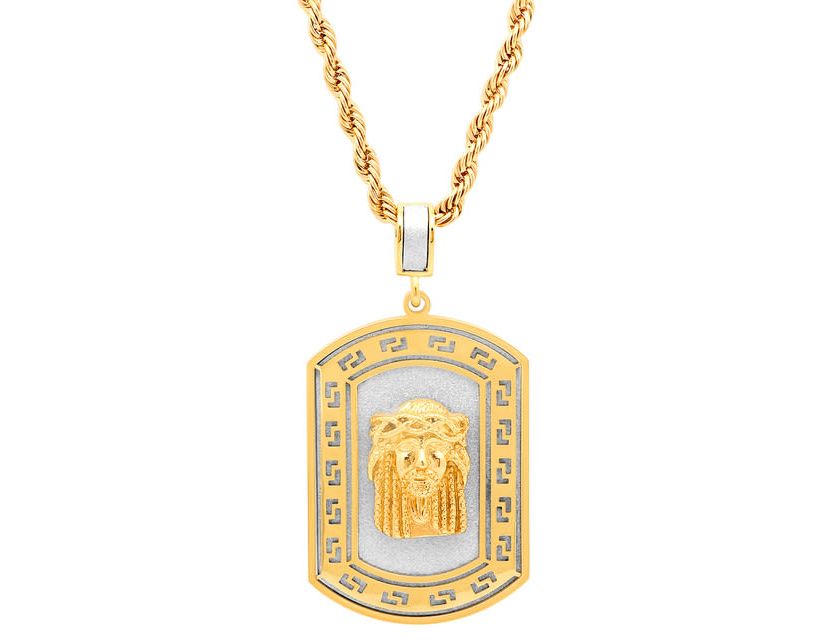 Mens 18k gold plated stainless steel sandblast jesus head dog tag pendant