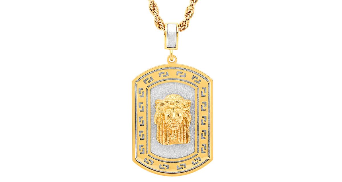 Mens 18k gold plated stainless steel sandblast jesus head dog tag pendant