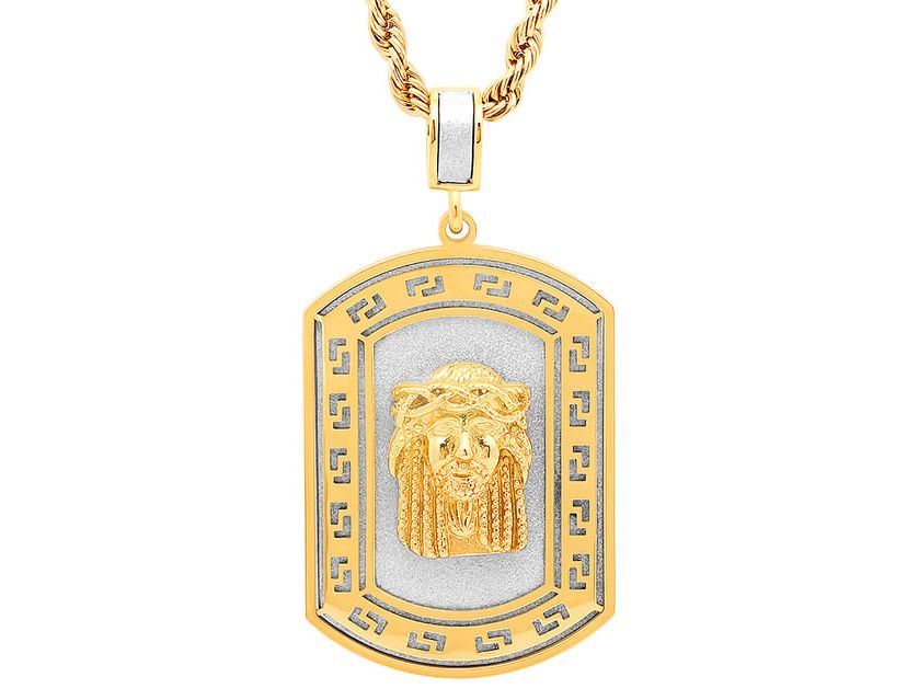 Mens 18k gold plated stainless steel sandblast jesus head dog tag pendant