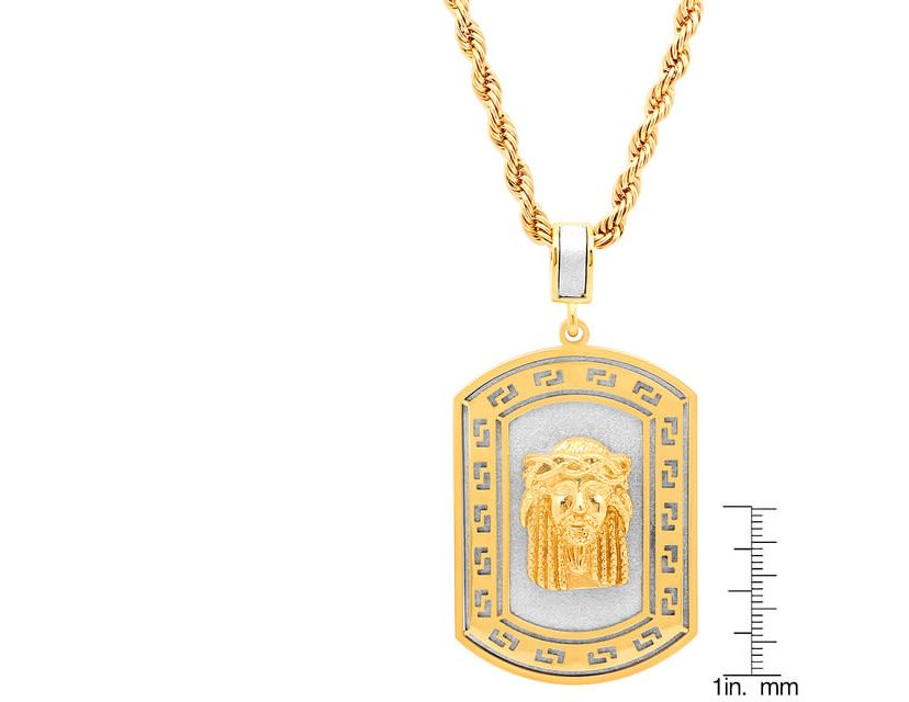Mens 18k gold plated stainless steel sandblast jesus head dog tag pendant