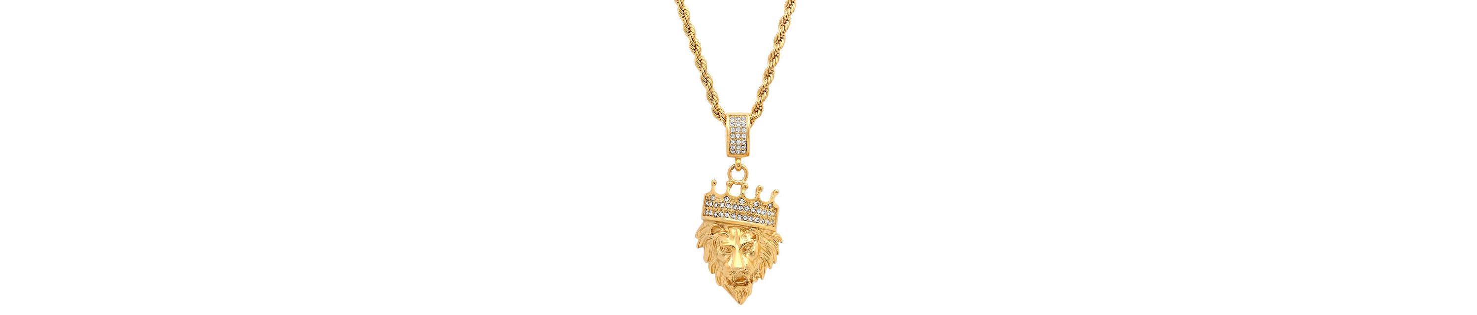Mens 18k gold plated stainless steel lion with crown simulated diamond pendant