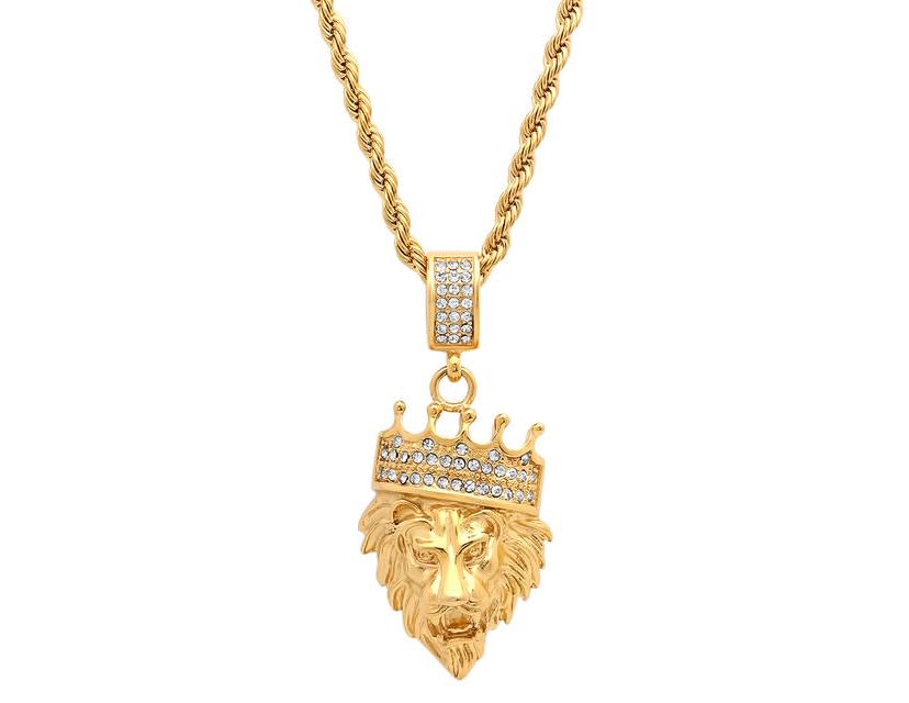 Mens 18k gold plated stainless steel lion with crown simulated diamond pendant