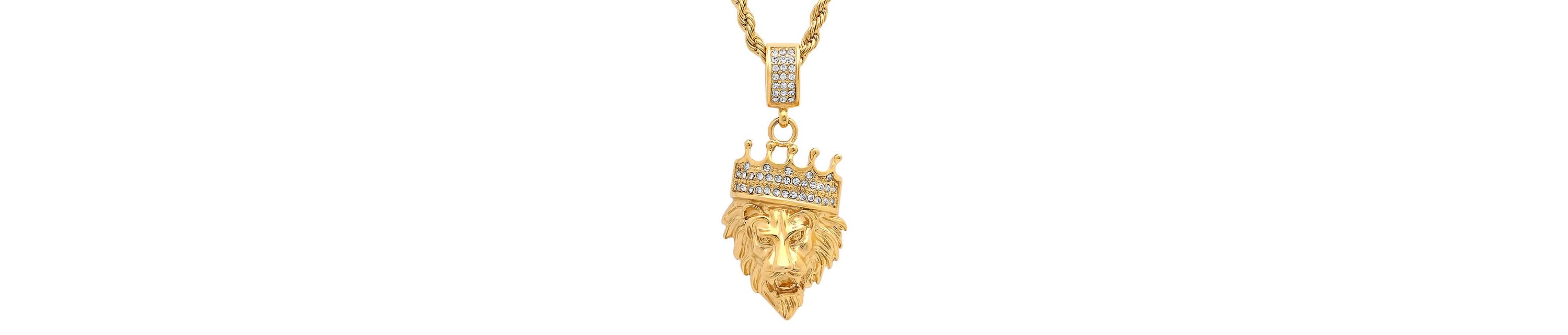 Mens 18k gold plated stainless steel lion with crown simulated diamond pendant