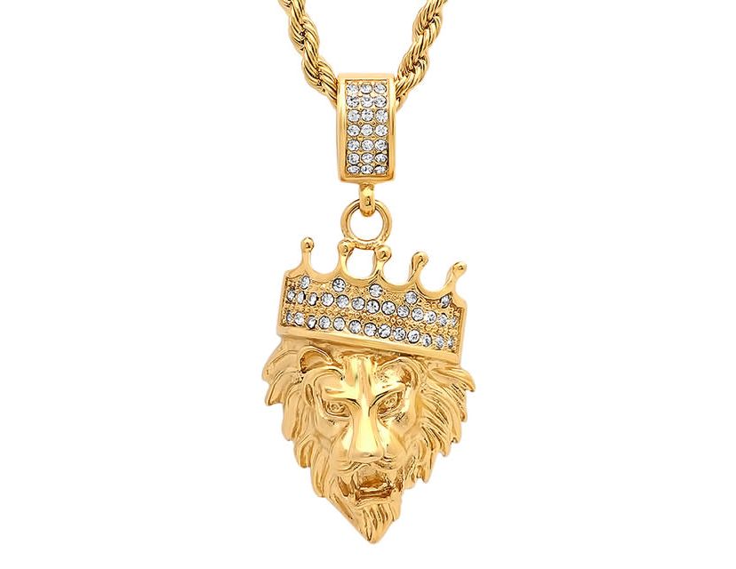 Mens 18k gold plated stainless steel lion with crown simulated diamond pendant