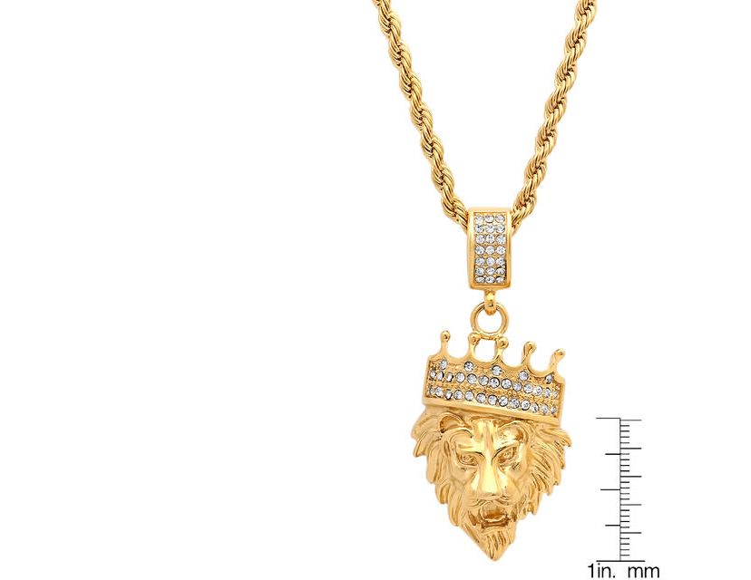 Mens 18k gold plated stainless steel lion with crown simulated diamond pendant