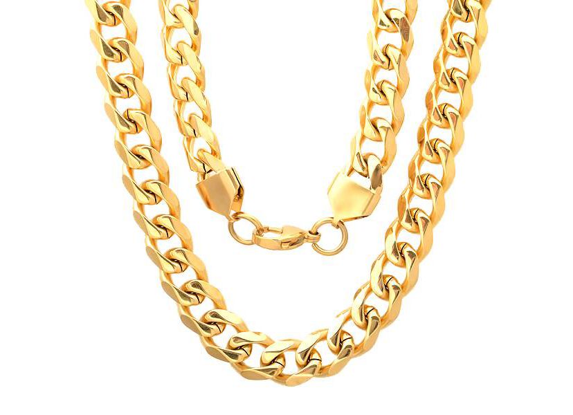 Mens 18k gold plated stainless steel cuban link chain necklace
