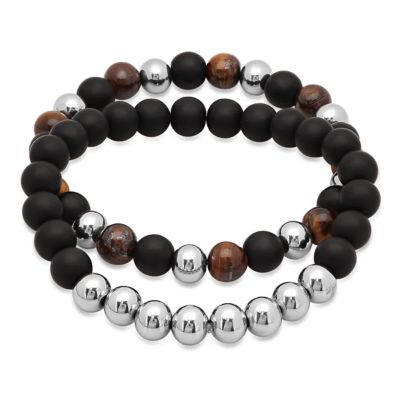 STEELTIME Men's set of 2 tiger eye, stainless steel, and black lava beaded bracelet