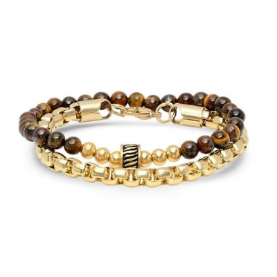 STEELTIME Men's set of 2 18k gold plated stainless steel rounded box chain bracelet and tiger eye beaded bracelet, Silver