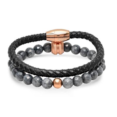 STEELTIME Men's set of 2 gray agate beaded bracelet with 18k rose gold plated accents and black leather braided bracelet with 18k rose gold plated