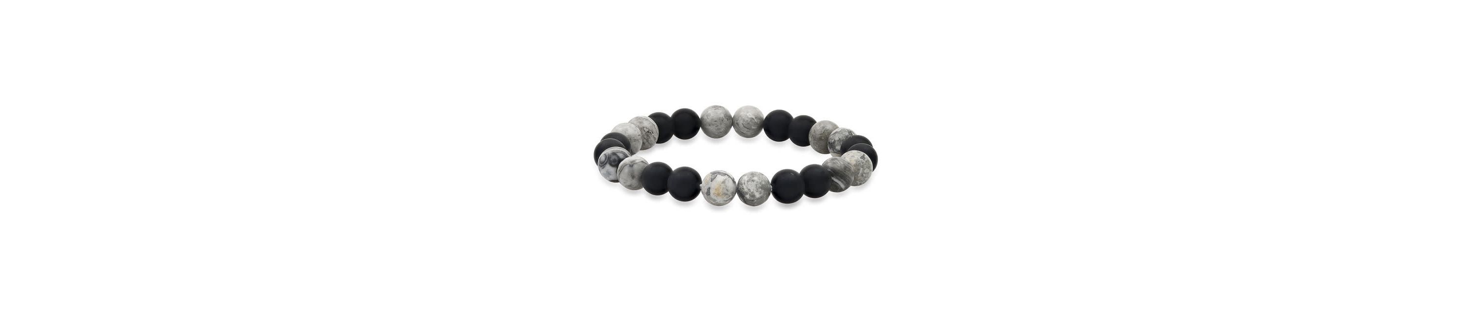 Mens black lava and gray agate beaded stretch bracelet