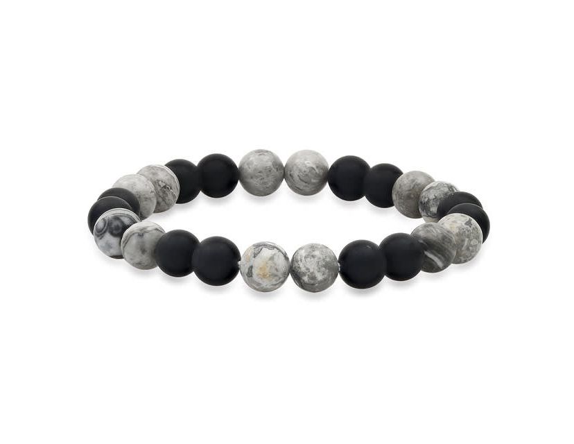 Mens black lava and gray agate beaded stretch bracelet