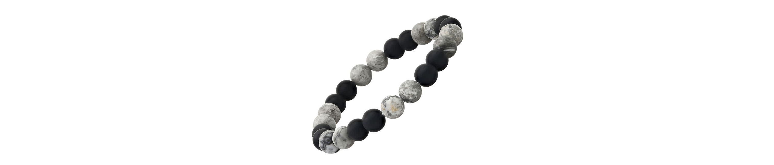 Mens black lava and gray agate beaded stretch bracelet
