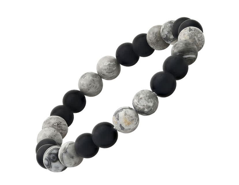 Mens black lava and gray agate beaded stretch bracelet