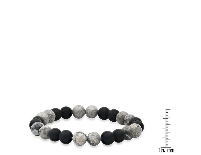 Mens black lava and gray agate beaded stretch bracelet
