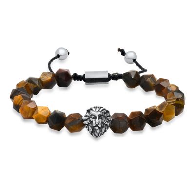 STEELTIME Men's genuine fancy cut tiger eye beads and stainless steel lion charm drawstring bracelet