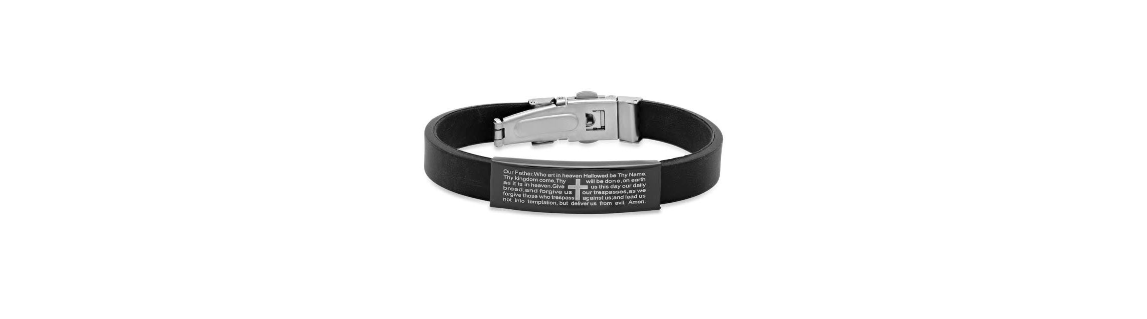Mens black rubber bracelet with stainless steel black ip lords prayer accent