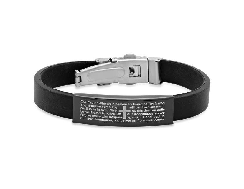 Mens black rubber bracelet with stainless steel black ip lords prayer accent