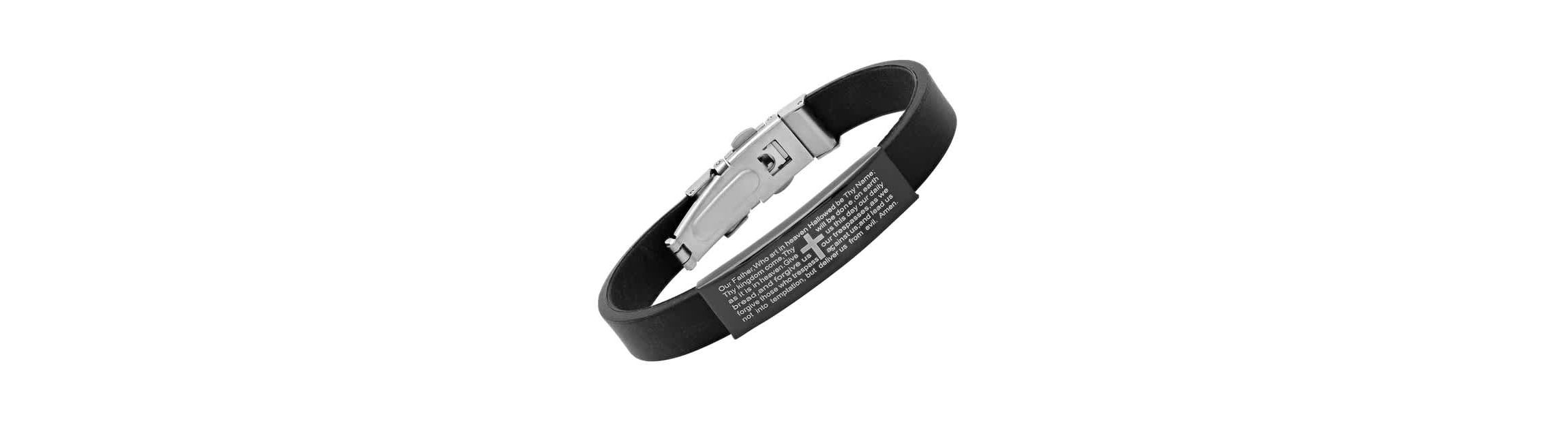 Mens black rubber bracelet with stainless steel black ip lords prayer accent