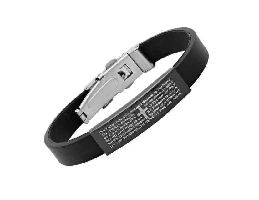 Mens black rubber bracelet with stainless steel black ip lords prayer accent